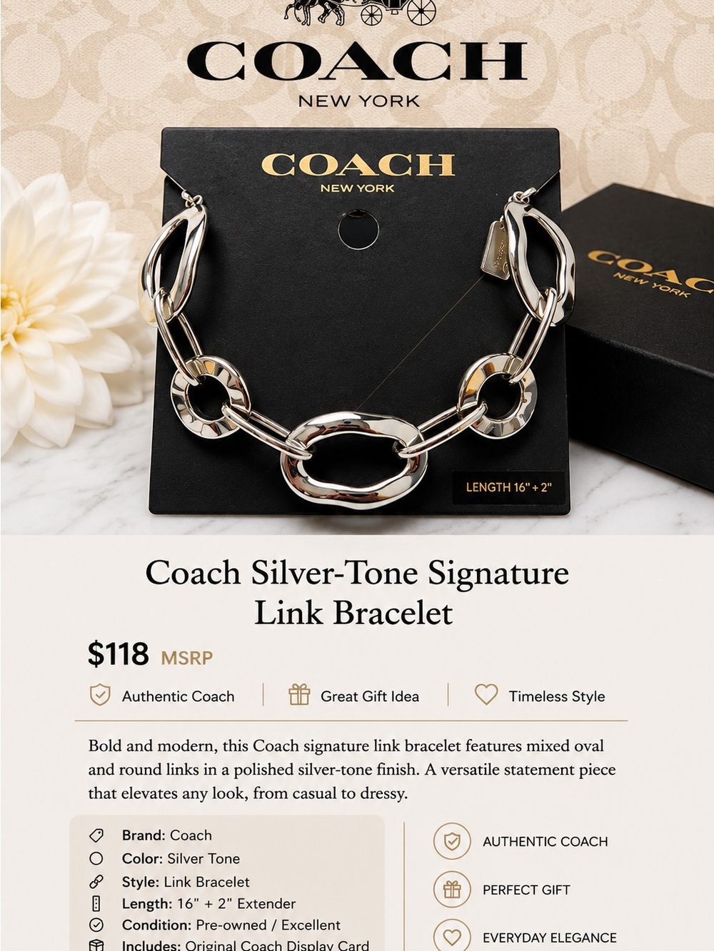 Coach Polished Silver-Tone Oval Link Bracelet